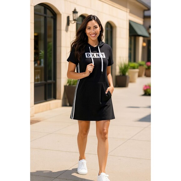 Dkny Dresses & Skirts - DKNY Sport Hoodie Dress Black Logo Short Sleeve Knit Athleisure Size Small NWT